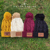 Chunky Cable Knit Pom Beanie with Leatherette Patch